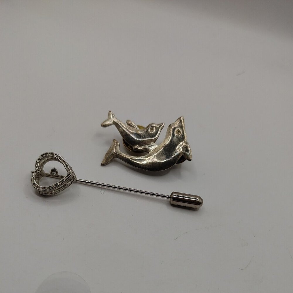 Lot Of 2 Tie Tack Stick Pin Silver-tone  Double dolphins Open Heart Crystal